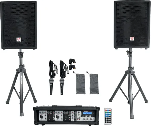 Rockville - Paquete de Sistema PA Mezclador/Amplificador + Altavoces de 10 Pulgadas + Soportes + Micrófonos + Bluetooth, (RPG2X10)