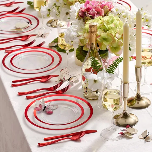 Miniatura 4 de By Madee Premium - 100 platos de plástico transparente y rojo para fiesta, 50 platos de cena y postre con ribete metálico, extra pesados, 30% más