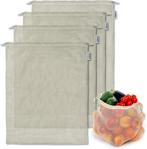 Miniatura 10 de 6 bolsas reutilizables para productos alimenticios lavables Bolsas de malla de algodón orgánico para productos Doble costura y peso de tara