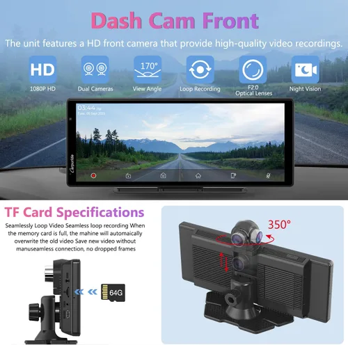 Miniatura 5 de CARPURIDE W903 Carplay portátil y Android Auto con cámara de salpicadero, pantalla HD IPS de 9.3 pulgadas, cámara frontal 4K y trasera 1080P
