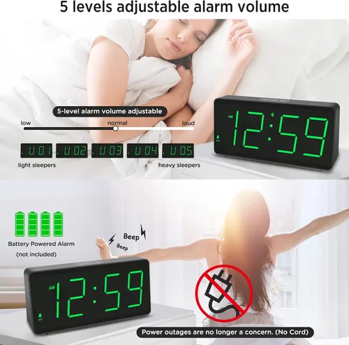 Miniatura 5 de Peakeep - Reloj despertador digital a pilas para dormitorios - Inalámbrico, números grandes, 4 atenuadores, atenuación automática para personas