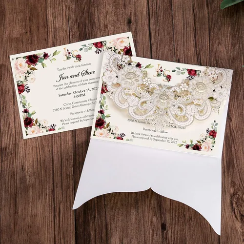 Miniatura 4 de DORIS HOME 50 tarjetas de invitación de encaje floral dorado blanco cortado con láser con sobres para invitaciones de boda, despedida de soltera