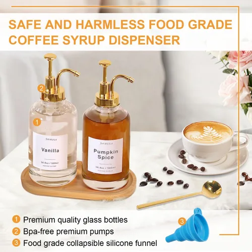 Miniatura 5 de Dispensador de jarabe de café para barra de café, botella de vidrio de 500ml 16.9oz con cuchara de café dorada, dispensador de jarabe de café con 36