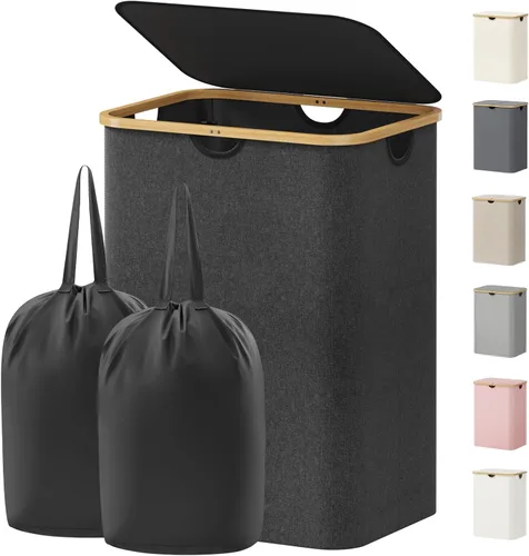 Miniatura 35 de Lifewit Cesta de ropa de 120L con tapa, cestas de ropa para lavandería con asas de bambú y una bolsa de lavandería extraíble, cesta plegable grande
