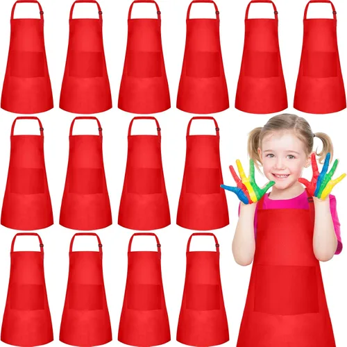 Miniatura 10 de PLULON 10 delantales para niños con 2 bolsillos, delantales de pintura a granel, delantales de pintura ajustables, delantales de chef para niñas, 10