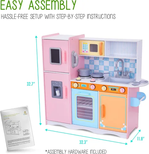 Miniatura 2 de Lil' Jumbl Juego de cocina para niños, cocina de juego de madera con tablero de tiza, teléfono de juego, toallero y dispensador de hielo, pomos