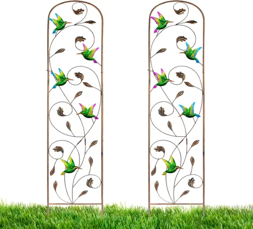 LEWIS&WAYNE Paquete de 2 enrejados de jardín de metal con colorido colibrí de 60 pulgadas de alto, decoración exterior con arco, enrejado de valla