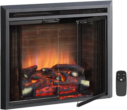 Miniatura 7 de PuraFlame Klaus - Inserto eléctrico para chimenea de 33", con kit de adornos, sonido de chispas de fuego, tronco de resina, puerta de vidrio