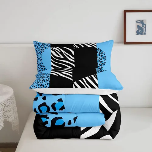 Miniatura 5 de Manfei Juego de edredón de leopardo azul, tamaño individual, juego de ropa de cama con estampado de corazón romántico de 2 piezas para niños y Multi