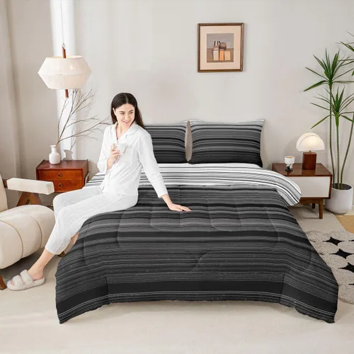 Miniatura 5 de jejeloiu Juego de edredón geométrico para niños, tamaño individual, diseño de rayas de color negro, blanco y gris, juego de ropa de cama decorativo