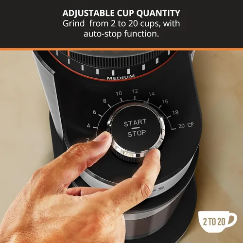 Miniatura 4 de KRUPS Molinillo de café eléctrico de rebaba plana, 18 configuraciones ajustables de molienda, de 2 a 20 tazas por molienda, toque único, molinillo