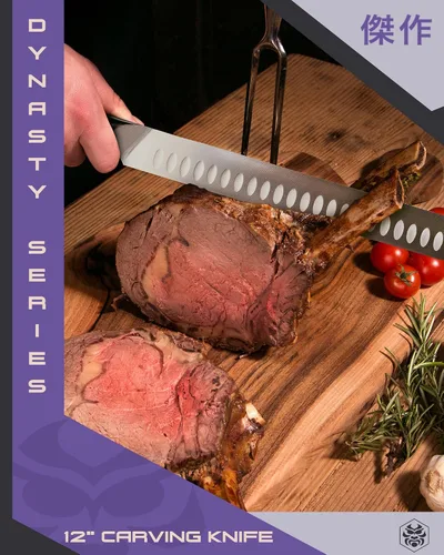 Miniatura 6 de KESSAKU Juego de cuchillo de trinchar de 12 pulgadas y tenedor de carne de 7 pulgadas, serie Dynasty - ThyssenKrupp forjado alemán HC acero Granton