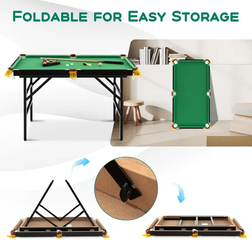 Miniatura 5 de Costzon Mesa de billar plegable de 47 pulgadas, mesa de juego de billar incluye bolas, tacos, triángulo, tiza, cepillo para niños, mesa de juego