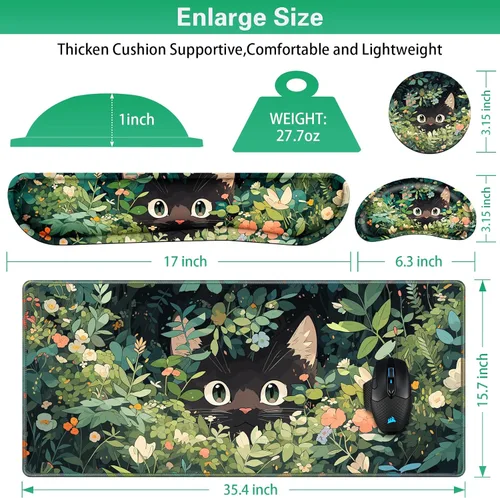 Miniatura 6 de Canjoy Lindo juego de alfombrillas de ratón de gatos negros, 4 en 1 alfombrilla de ratón de anime Kawaii + soporte para reposamuñecas para teclado +