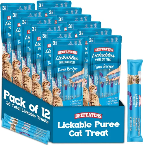Beefeaters Tuna Pure Cat Treats 1.59oz (paquete de 12) | Golosinas de tubo para apretar para lamer, sin granos, sin azúcar añadida, atún real,