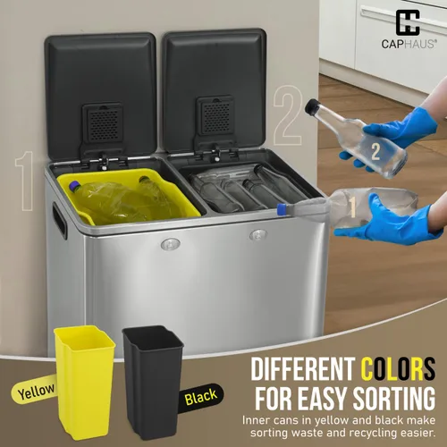 Miniatura 6 de CAPHAUS Cubo de Basura Dual con Tapa Doble, Combo de Cubos de Basura y Reciclaje, Cubo de Basura de Acero Inoxidable Sin Manos para Cocina, con 2