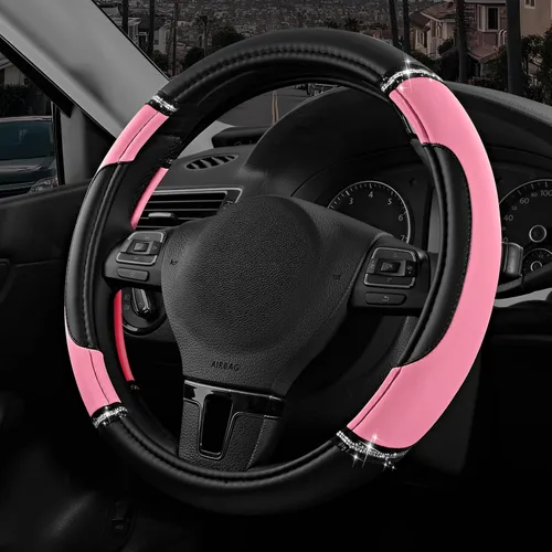 Miniatura 12 de Road Comforts Funda de Volante de Cuero - Hecha con Cuero PVC - Antideslizante, Ajuste Universal de 14 1/2 pulgadas a 15 pulgadas - Rosa Intenso