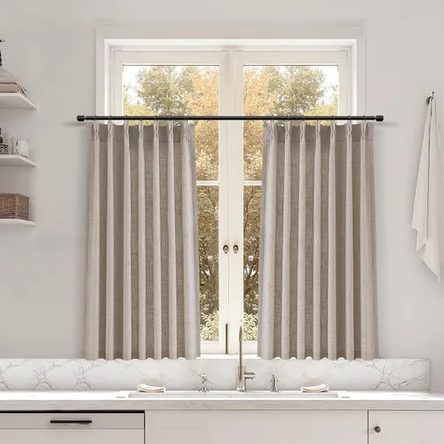 Miniatura 96 de Juego de 2 paneles de cortinas de ventana de cocina beige de 24 pulgadas de largo, con textura de lino, plisadas, filtrantes de luz, semi pequeñas