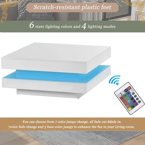 Miniatura 7 de Mesa de centro cuadrada, moderna mesa de centro blanca de alto brillo con luces LED de 16 colores enchufables, mesa central de 2 niveles para sala