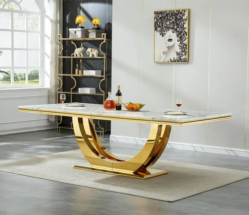 Miniatura 20 de Mesa de comedor de mármol negro para 4, 6, 70 pulgadas, moderna mesa de comedor de cocina dorada con base de acero inoxidable con diseño