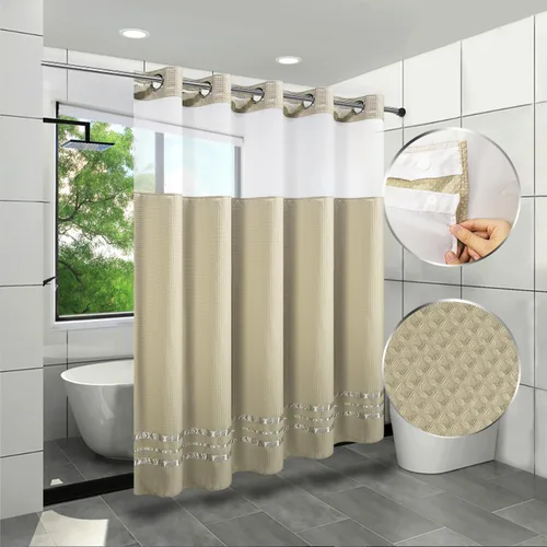 Miniatura 8 de ARICHOMY Cortina de ducha con tejido de gofre, 250 GSM, peso pesado con gancho a presión y ventana transparente, cortina de baño de tela de Blanco
