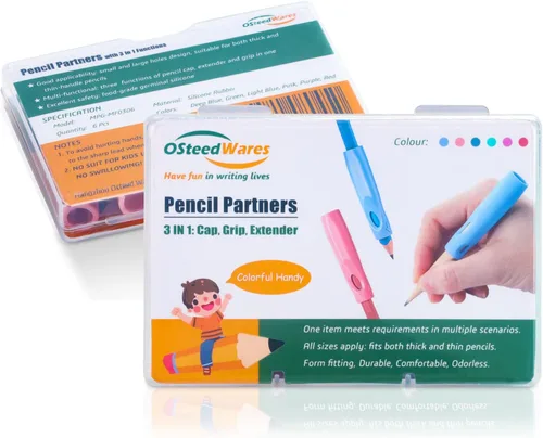 Miniatura 8 de Agarre ergonómico para lápices, extensor y tapa 3 en 1, paquete de 6 compañeros de silicona para lápices de escritura a mano para niños y adultos