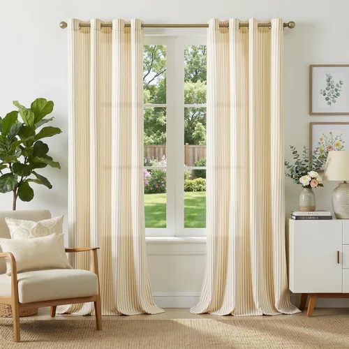 Miniatura 16 de JINCHAN Cortinas de lino para sala de estar o dormitorio, con estampado a rayas verde salvia sobre beige, rayas delgadas que filtran la luz