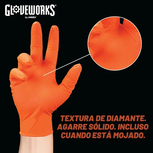 Miniatura 5 de GLOVEWORKS Guantes de trabajo de nitrilo naranja de 8 mil, desechables, resistentes, con agarre de diamante elevado, guantes mecánicos, XL, caja