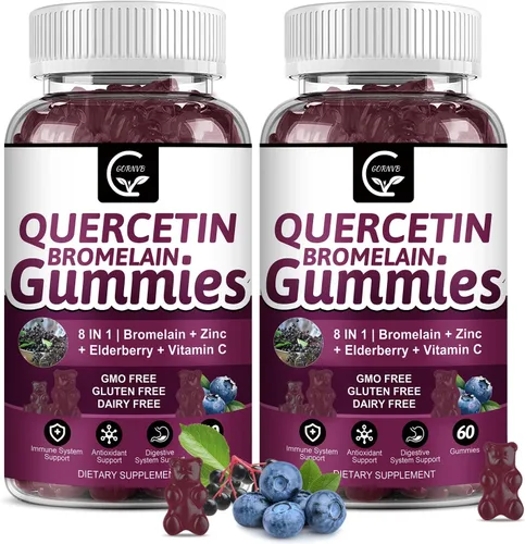 Paquete de 2 gomitas de quercetina – Quercetina con bromelina 2378 mg – Mezcla con saúco, extracto de equinácea purpurea, zinc, vitamina C, D3, K2,