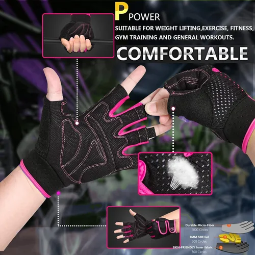 Miniatura 5 de Guantes de entrenamiento MOREOK con acolchado para levantamiento de pesas para hombres/mujeres, [Gel de 3MM] guantes sin dedos de agarre para Rosa