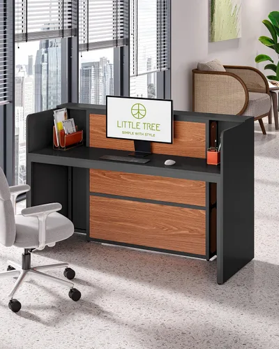 Miniatura 6 de LITTLE TREE Escritorio de recepción de 63 pulgadas, mesa de recepción moderna con luz LED, mostrador frontal, mostrador de madera para vestíbulos