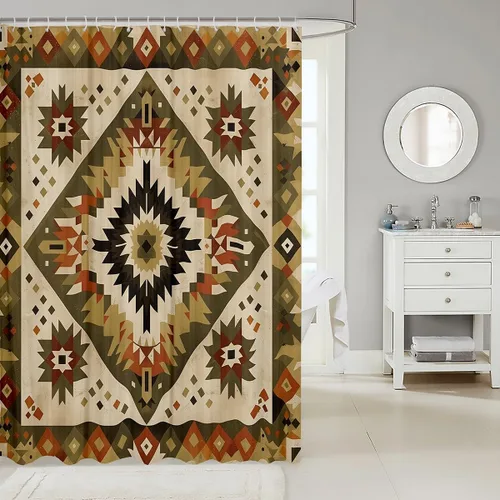 Miniatura 2 de Castle Fairy Cortina de ducha geométrica bohemia tribal exótica para baño, juego de cortina de ducha para niños y adultos, cortina de baño retro