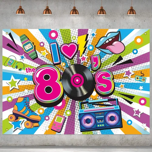 Decoraciones de fiesta de los años 80, telón de fondo extra grande de tela con texto en inglés "I Love The 80s Hip Hop Party 1980, fiesta de