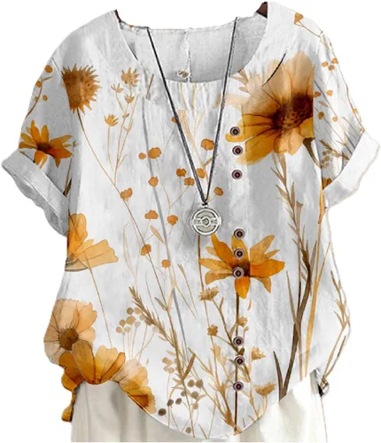 Miniatura 9 de domirica Camisetas de verano para mujer 2024 con estampado de flores, algodón, lino, manga corta, cuello redondo, camisas casuales de moda