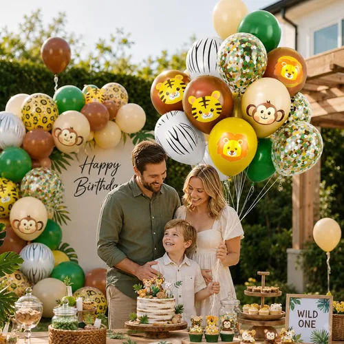 Miniatura 4 de Globos de animales, 60 globos de fiesta de 12 pulgadas, color verde y marrón crema, globos estampados de guepardo de animales para decoración