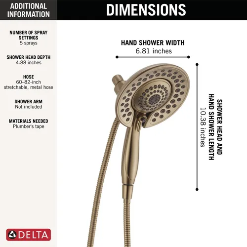 Miniatura 3 de DELTA 5-Ajustes In2ition 2-en-1 Ducha de mano dual con aspersor de mano, Cabezal de ducha desmontable con manguera, 2.5 GPM, acabado Lumicoat bronce