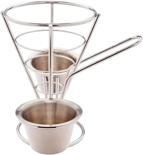 Miniatura 5 de Restaurantware Soporte para papas fritas de 4 x 5 pulgadas, 1 soporte para freír – con 2 soportes para salsas, soporte de cono de acero inoxidable