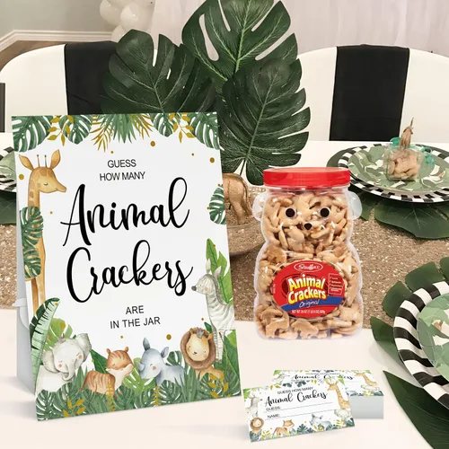 Miniatura 6 de Celepaty 50 juegos de safari para baby shower, tarjetas de juego Safari Guess How Many Animal Crackers con letrero, juegos de ducha temáticos