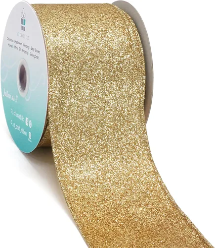 Miniatura 19 de Cinta de alambre con purpurina de 1,5" x 10 yardas dorada (oro champán) para decoración navideña del hogar, arcos, envoltorios de regalos