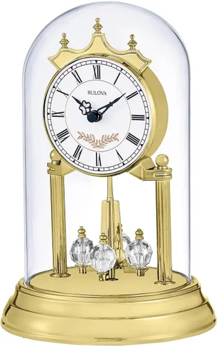 Miniatura 2 de Bulova B8821 Heather Anniversary Clock Diseño de cúpula de cristal de 9 pulgadas Péndulo de cristal giratorio Timbre Westminster Placa
