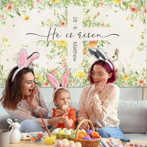 Miniatura 5 de Moukeren Decoraciones de telón de fondo de Pascua con texto en inglés «He is resucitado», pancarta de fotografía con cruz de Jesús, fondo de flores