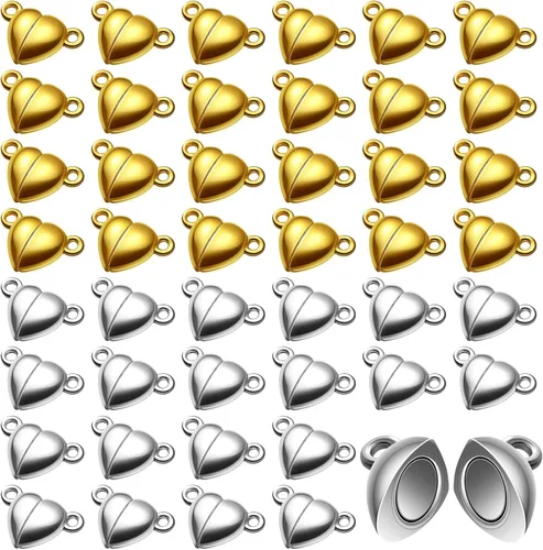MTLEE 48 Piezas de Cierres Magnéticos en Forma de Corazón para Joyería, Cierres de Pulsera de Oro y Plata, Cierres Magnéticos Separables,