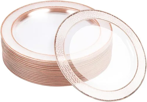 Miniatura 11 de MATANA 20 Platos de Fiesta Reutilizables de Plástico Transparente de 10 Pulgadas con Borde Dorado Martillado - Platos de Cena Resistentes de Primera