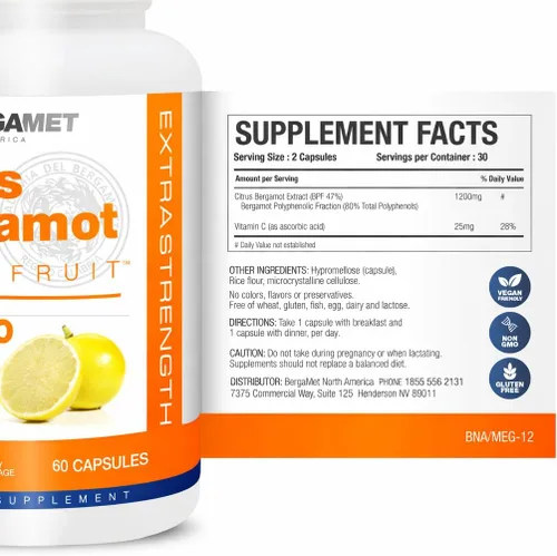 Miniatura 2 de BergaMet Suplemento de bergamota cítrica, extracto 170:1, 1200 mg, 80% polifenoles, suplemento de bergamota cítrica italiana para colesterol alto