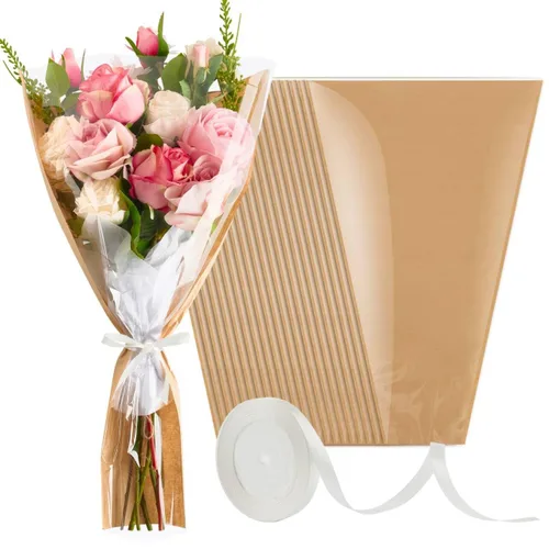 Mauproy Paquete de 50 bolsas de flores para ramos de flores, papel de regalo de flores, fundas de papel kraft con cintas para graduación,