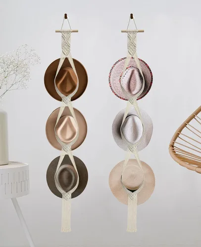 Miniatura 8 de Organizador de sombreros de macramé para pared, colgadores bohemios para colgar en la pared, tejido a mano, organizador decorativo para sombreros
