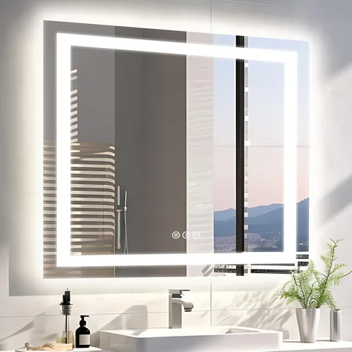 Miniatura 25 de EchosLife Espejos de baño LED de 20 x 28 pulgadas para pared, marco de aluminio negro (frontal y retroiluminado), espejo de tocador antivaho