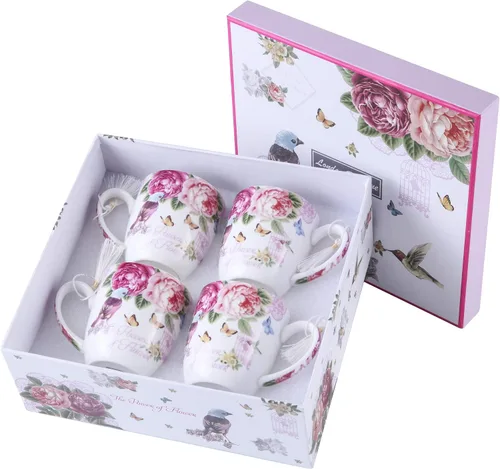 Miniatura 8 de London Boutique Juego de tazas de café de té, 4 porcelana, pájaro, rosa, mariposa, diseño Shabby Chic en caja de regalo, 11 oz