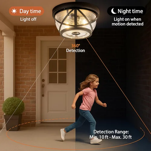 Miniatura 2 de Lámpara de techo con sensor de movimiento, montaje empotrado para exteriores, manual del atardecer al amanecer, negro mate, impermeable, lámpara
