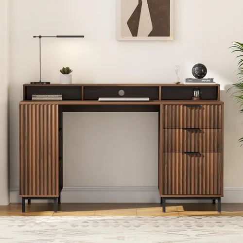Miniatura 9 de Escritorio ejecutivo de 47 pulgadas con cajón estriado, moderno escritorio de oficina en casa con soporte largo para monitor y 2 cajones, escritorio